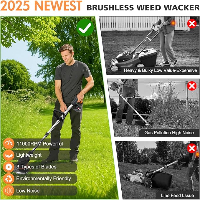 24V Electric Weed Wacker, Cordless String Trimmers with 2 Batteries & Charger, 3 in 1 Stringless Brush Cutter/Weed Eater/Edger/Lawn Mower with 3 Types Blade & Wheels for Garden and Yard Lawn