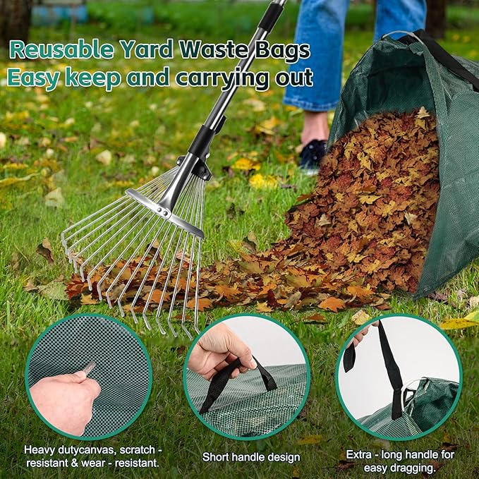 Yard Waste Bags, Leaf Dustpan, Leaves Collector, Yard Dustpan Type Garden Bag for Collecting Leaves, Garden Waste Container, with Adjustable Metal Leaf Rake Long Handle and Gloves