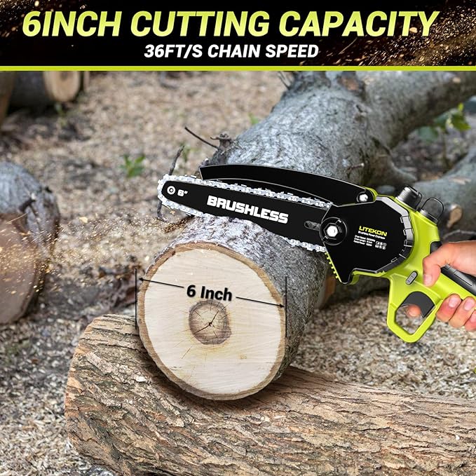 Brushless Mini Chainsaw with 1000W High Power Motor, 36 FT/S 6Inch Cordless Power Chainsaw with Auto-Oil System, 2025 Upgraded 20V Electric Chain Saw with 2x2000mAh Battery & Quick Charger, 3 Chains