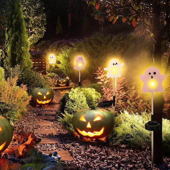 Retisee 4 Pack Halloween Ghost Solar Light with Stakes Outdoor Decorative Yard Signs with Waterproof Solar Lights Halloween Party Favors for Walkway, Pathway, Driveway, Yards, Garden, Lawn