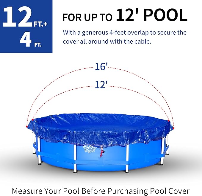 16Ft Pool Covers for (12Ft) Above Ground Pools, Winter Pool Cover,Heavy Duty Above Ground Pool Cover Includes Winch and Cable,UV Protection, Strength&Durability,Blue/Black(Cover Only)