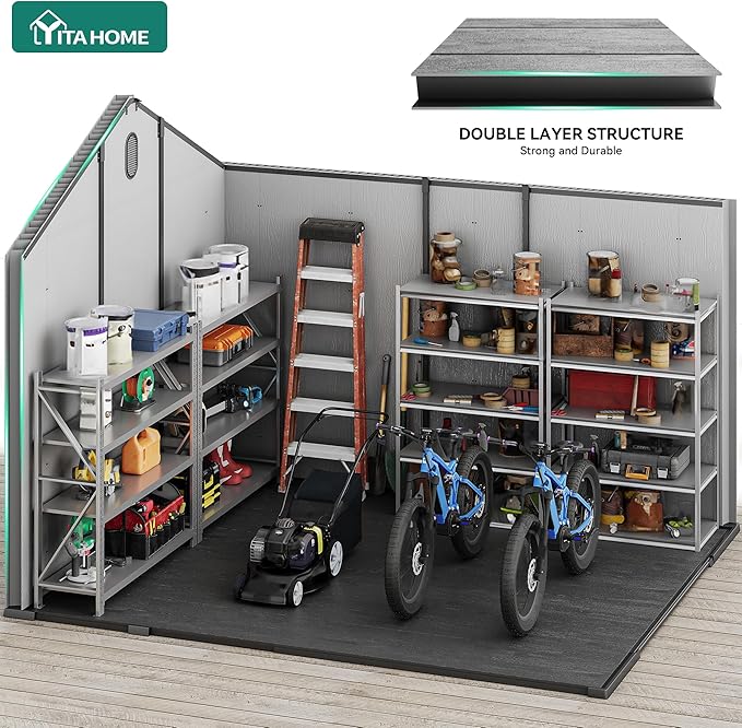 YITAHOME 8x10ft Resin Storage Structure, Outdoor 544 cuft Plastic Garden Storage Unit with Windows, Vents and Lockable Entrance, Waterproof Tool Organizer with Flooring for Lawn Equipment，Gray