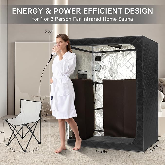 2 Person Portable Full Spectrum Infrared Sauna, Full Size Large Space Spa Tent with Remote Control,1600W Fast Heating, Foldable Chairs & LED Therapy Light, Home Spa for Relaxation (47.2"x35.4"x63")
