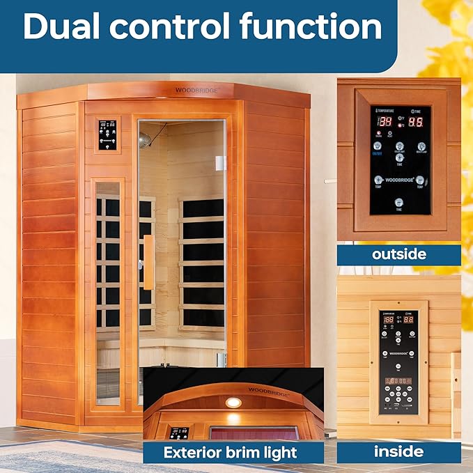 Woodbridge Infrared Sauna Room 2 Person Hemlock Wood Indoor Corner Sauna with 7 Carbon Heaters, Red Light Therapy,Bluetooth Speaker,Intelligent Dual Control System,Tempered Glass,Exterior Brim Light