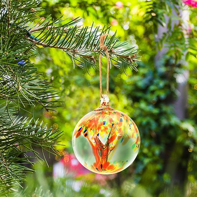 Hand Blown Glass Ball, 4" Gazing Glass Christmas Ornaments, Hanging Tree of Life Witch Balls for Home Outdoor Window Patio Garden Décor（Orange）