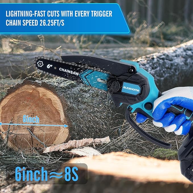 EliteHome Mini Chainsaw Cordless 2 Batteries 6 Inch Electric Portable Handheld Small Chain Saw Battery Powered for Tree Trimming wood cutting