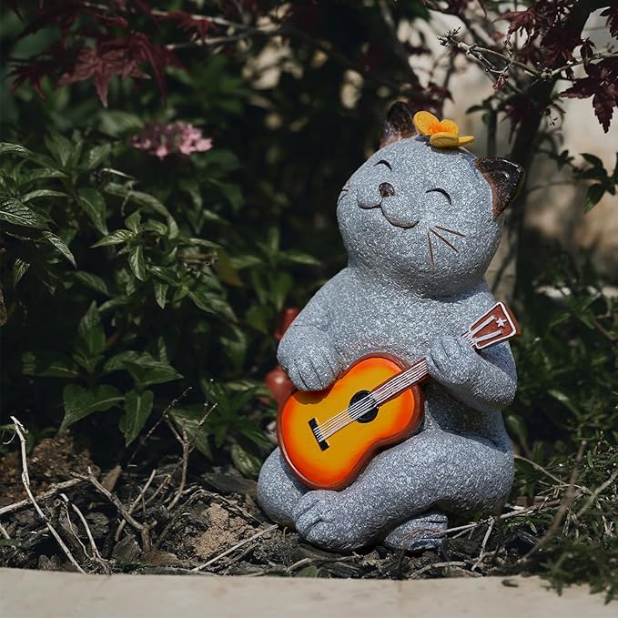 Cat Garden Statue Outdoor Decor, Cat Sculpture with Guitar and Butterfly for Yard Lawn Patio Balcony, Christmas Birthday Housewarming Gifts for Mom, Grandma, Women, 8.8 inch, Resin