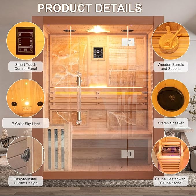 Smartmak Wood Home Steam Sauna, 2 or 3 Person Canadian Red Cedar Traditional Luxurious Wooden Indoor Spa Room, with 3.5 kw Heater, Bluetooth Speaker, Rocks, Water Bucket, Spoon, Lights