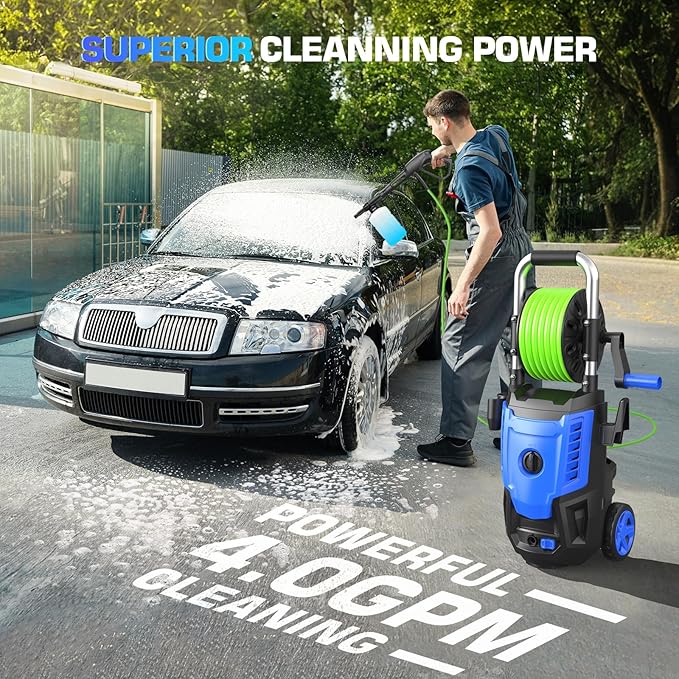 4800 PSI Pressure Cleaner- 4.0 GPM High Power Cleaner with 33FT Hose Reel M22-14mm, 4 Nozzles and Foam Cannon, for Home, Cars, Fences, Patio, 2025 Upgraded (Blue)