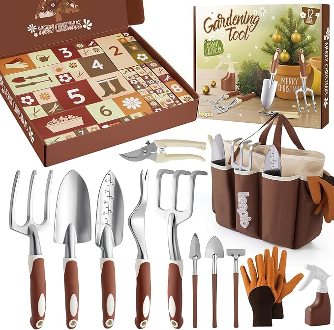 Gardening Christmas Advent Calendar for Adult Women Men 2025, 12 Days Gifts Garden Hand Tools Set with Storage Bag and Garden Gloves, Outdoor Plant Gardener Kit for Male Mom Dad Husband Wife Boyfriend