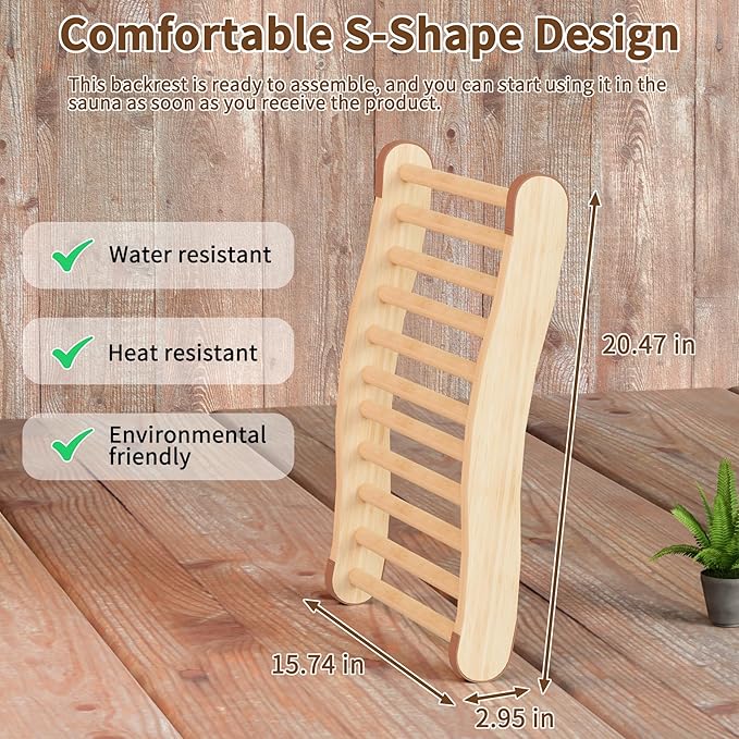 2 Pack Upgraded Sauna Backrest, Sauna Accessories, Sauna Backrest Infrared, Wooden Sauna Backrests Slip-Resistant and Ergonomic S-Shape, Barrel Sauna Backrest for Any Barrel or Infrared Sauna