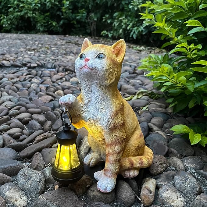 Garden Decor Solar Cat Statues with Solar Lantern Outdoor Decor Lovely Tabby cat Figurine Halloween Yard Decoration Spooky Lawn and Garden Decor Holiday Party Ornament for Cat Lovers