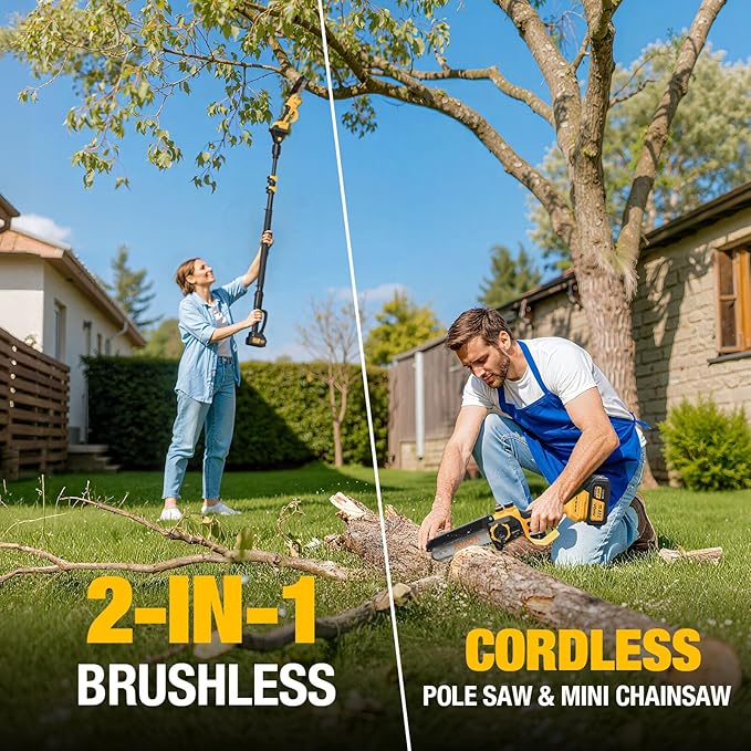 2-in-1 Electric Pole Saw - 6 Inch Brushless Mini Chainsaw with Extension Pole,2x3.0Ah Batteries,Auto Oiling,Lightweight,15.7FT Reach Extension Tree Trimmer Cordless Pole Saws for Tree Trimming Pruning