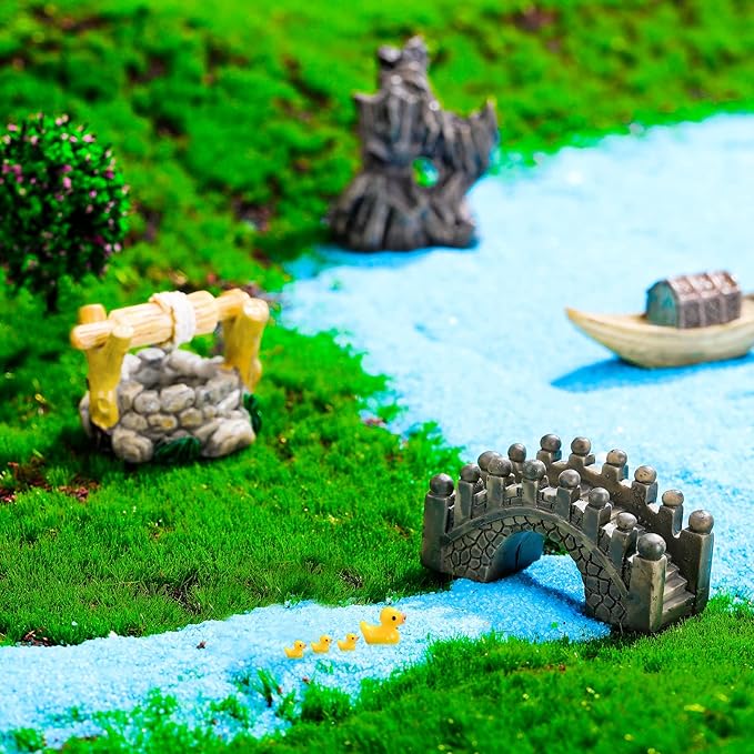 Jetec 12 Pcs Garden Accessories Miniature Bridge Mini Lighthouse Water Well Bridge Figurines Pond Lawn Ornament Figurines for DIY Craft Garden Decor(Retro Style)