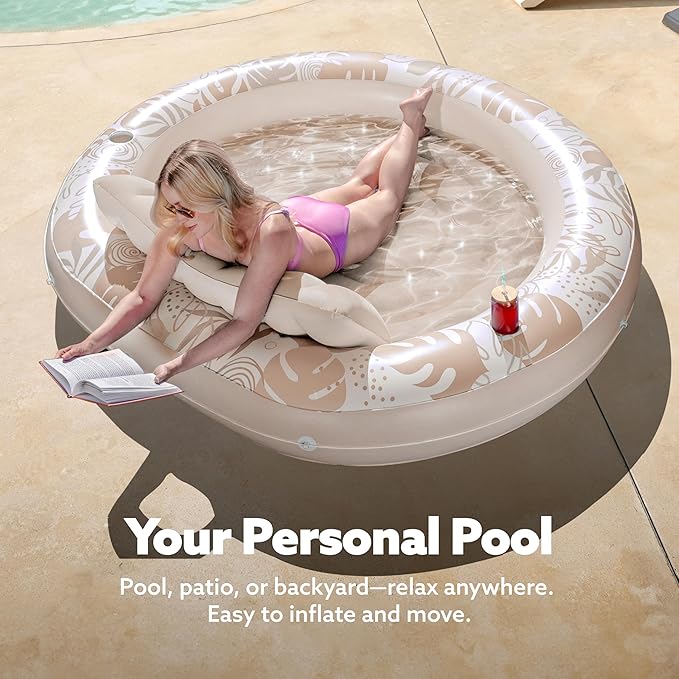 SLOOSH Inflatable Tanning Pool Lounger Float,72" x 65" Pool Floats Adult with Pillow,Luxury Fabric Large Suntan Tub Raft Floatie,Sunbathing Bed Lounge for Water Blow Up Party Gifts,Champagne