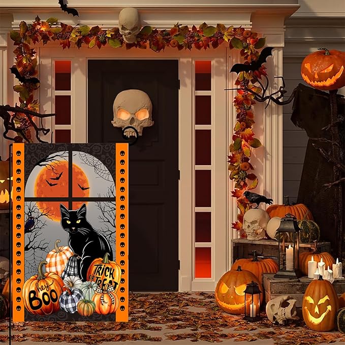 Black Cat Halloween Flag, Pumpkin Trick or Treat Boo Flag, Holiday Yard Flag, Garden Flag 12x18 Double Side