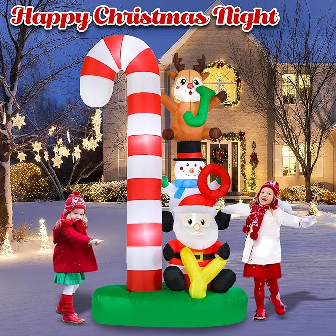 MUMTOP Christmas Inflatable Outdoor Decoration, 7.8 FT Candy Cane Christmas Inflatables with Joy Sign, Elk, Snowman and Santa Blow Up Lighted Holiday Displays for Garden Yard Outside Winter Decor