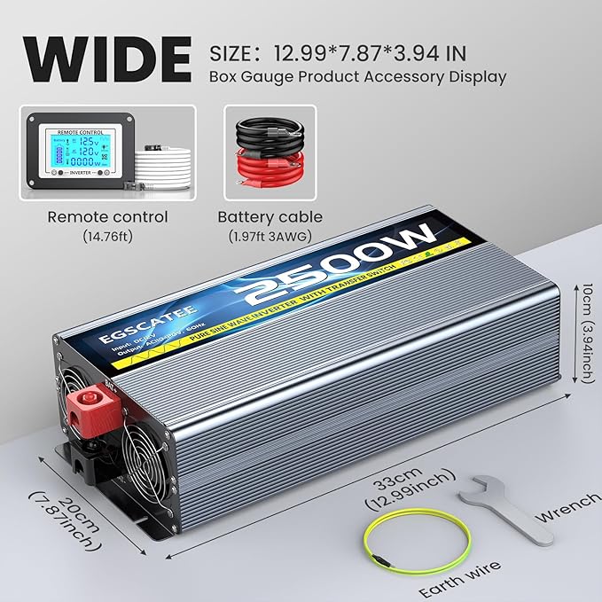 2500W Pure Sine Wave Inverter with Transfer Switch, 12V DC to 120V AC Converter with 2AC Outlets, USB Port, Type-C Port, Remote Controller, Power Inverter for RV, Outdoor, Auto Swtich to Shore Power