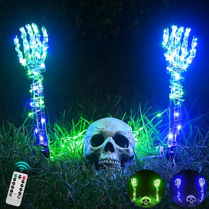 Maxee Halloween Lighted Skeleton Set, Skull Arm Stakes with 1 Remote Green Lights (36 LEDs, 8 Light Modes & Timing Function), 2 Purple Lights (3 Modes), Decoration for Outdoor Yard Garden Graveyard