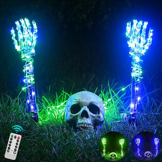 Maxee Halloween Lighted Skeleton Set, Skull Arm Stakes with 1 Remote Green Lights (36 LEDs, 8 Light Modes & Timing Function), 2 Purple Lights (3 Modes), Decoration for Outdoor Yard Garden Graveyard