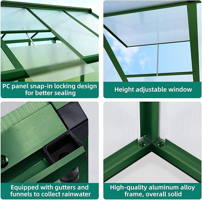 8 x 12 FT Greenhouse, Heavy-Duty Polycarbonate Large Walk-in Greenhouse Roof Vent ,Aluminum Frame & Lockable Door, for Backyard, Green Houses for Outside Garden Backyard