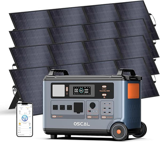 OSCAL PowerMax 6000 Solar Generator with 4x200W Solar Panel, 120V/240V Split Phase Voltage 6000W AC Outlets (7200W Peak), 2200W AC Charging/2400W PV Charging for Home, Emergency, Bank Battery Backup