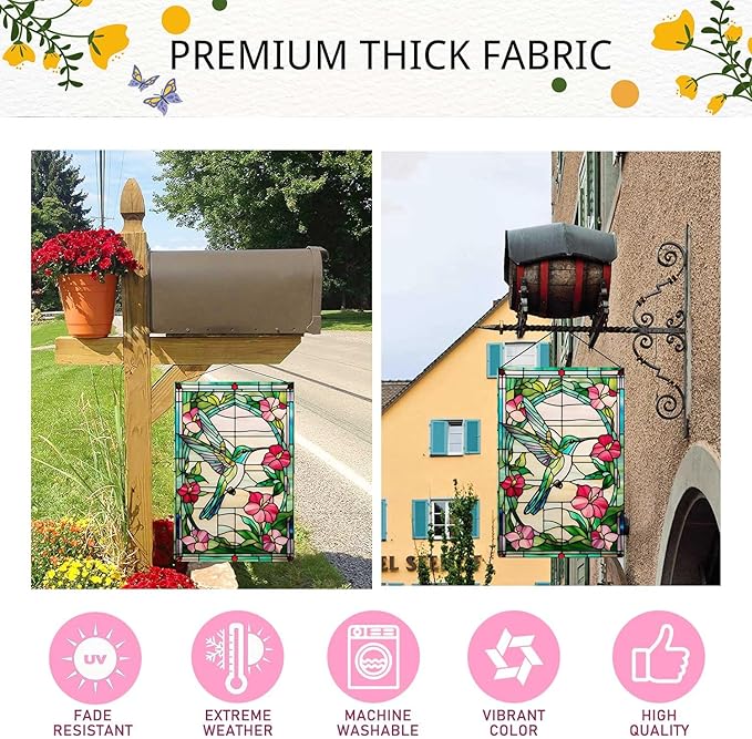 Spring Summer Hummingbird Garden Flag Stained Glass Style Garden Flag Vertical Double Sided Rustic Farmland Burlap Yard Lawn Outdoor Decor 12.5x18"