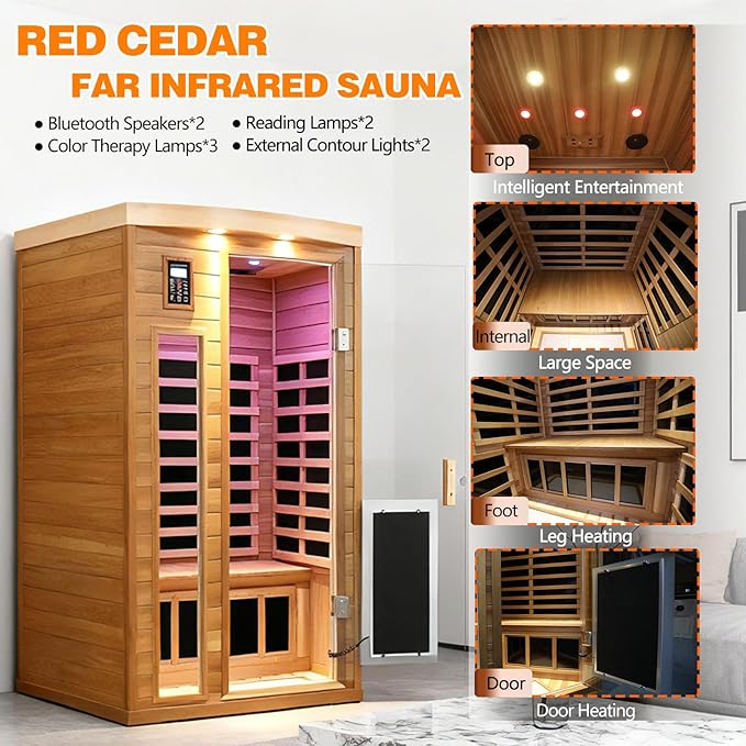 2 Person Infrared Sauna for Home, Red Cedar Ultra Low EMF (0-1mG) Far Infrared Sauna, 1750W Indoor Wooden Saunas Room with Bluetooth Speakers, Chromotherapy Lights & Door Heated Panels