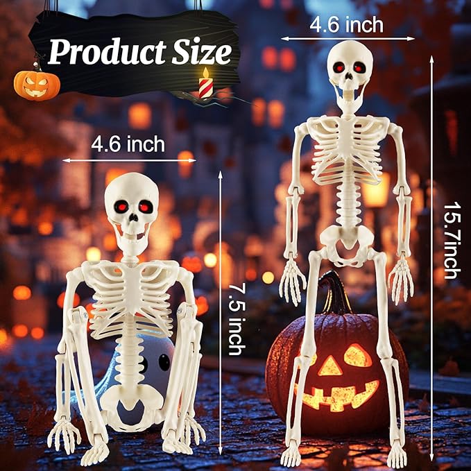 Remiawy Skeleton Halloween Decorations, 6 Pack 16” Full Body Posable Skeletons with Movable Joints, Small Plastic Hanging Props for Haunted House, Yard, Graveyard, Spooky Party Indoor Outdoor Decor
