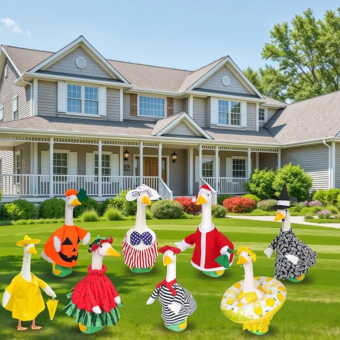 8 Sets Seasonal Holiday Porch Goose Outfits Summer Outfits Fall Halloween Christmas Birthday All Seasons Garden Goose Clothes for 23" Cement Statue Lawn Patio Outdoor Decoration(Classic Style)