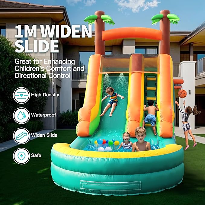 Inflatable Water Slide for Kids & Adults, 26FT 100% PVC Waterslide with Big Splash Pool, Widen Slide with Shallow Pool, 950W Air Blower, Ideal for Backyard, Park (Green Coconut Tree Design) 2