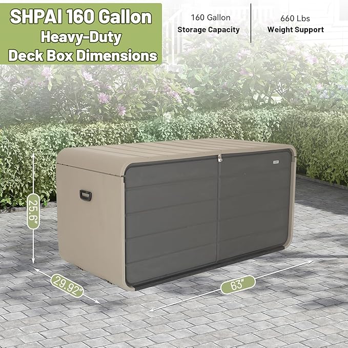 CHUNLY 160 Gallon Plastic Deck Box, Large Patio Storage Box with Lock, Wheels & Waterproof Lid for Outdoor Cushions, Garden and Pool Supplies (Gray)