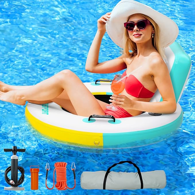 FBSPORT Inflatable River Tube for Floating Heavy Duty, PVC Water Tubes for Adults, 43" Tubing Floats Lake River Raft Lounge Chair with Cup Holder Backrest Handles Sunchill Float Ring