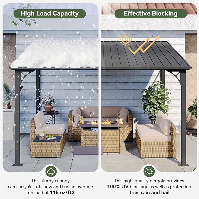 Aoxun 10' x 12' Lean to Gazebo, Hardtop Outdoor Pergola with Sloping Galvanized Steel Roof, Large Wall-Mounted Heavy Duty Awnings for Patio, Backyard, Deck, Porch (Black)