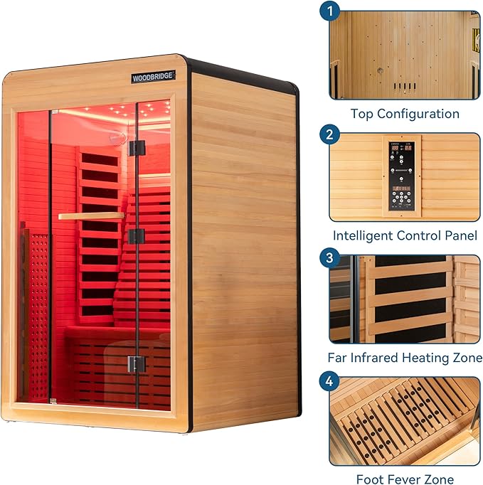 Woodbridge Infrared Home Sauna Room 2 Person Hemlock Wooden Indoor Sauna,7 Carbon 2230W/120V Heaters,with Led Color Therapy Light,Bluetooth Speaker,Tempered Glass,Touch-Tone Keypad and A Top Vent