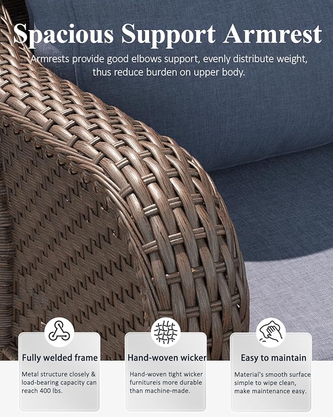 LayinSun 7 Piece Wicker Outdoor Furniture Set with 6-inch Comfy Cushions, High Back Patio Furniture Set with Swivel Rocking Chairs and Fire Pit Table