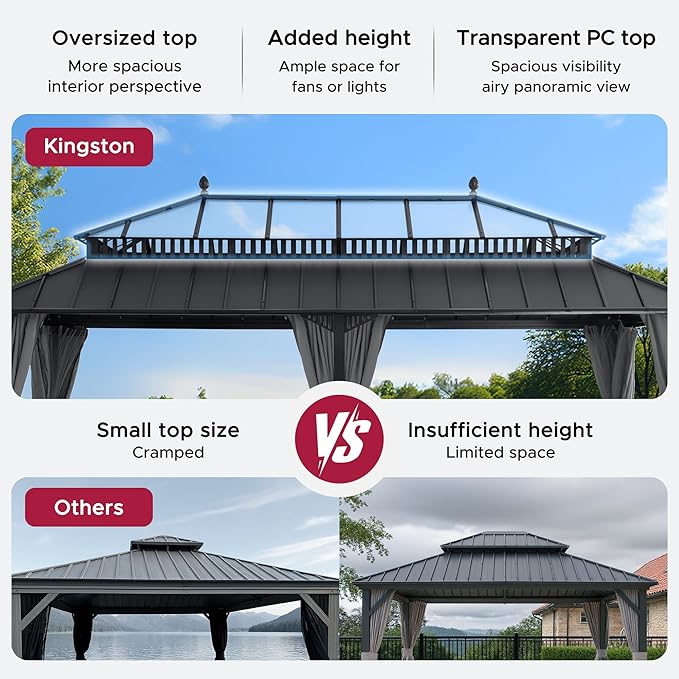 SUNJOY Kingston 20' x 12' Hardtop Gazebo with Galvanized Steel/Polycarbonate Double Roof, Curtain and Netting, Gray Aluminum Posts Permanent Pavilion Gazebo for Garden, Patio, Deck, Lawn