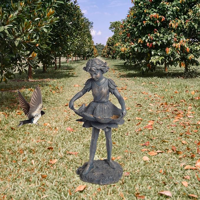 Outdoor Garden Statues - Bird Bath & Feeder Combo - Standing Angel Fairy Statues, 14.25*12.25*28.75 Inch