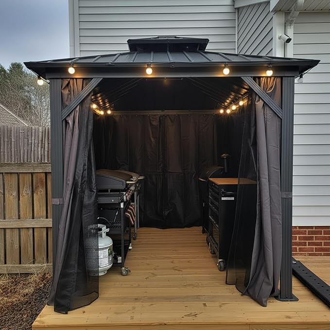 PURPLE LEAF 8'x8' Hardtop Gazebo with Lights All-Weather Galvanized Steel Double Roof Outdoor Patio Garden Gazebo Including Netting and Curtains Grey