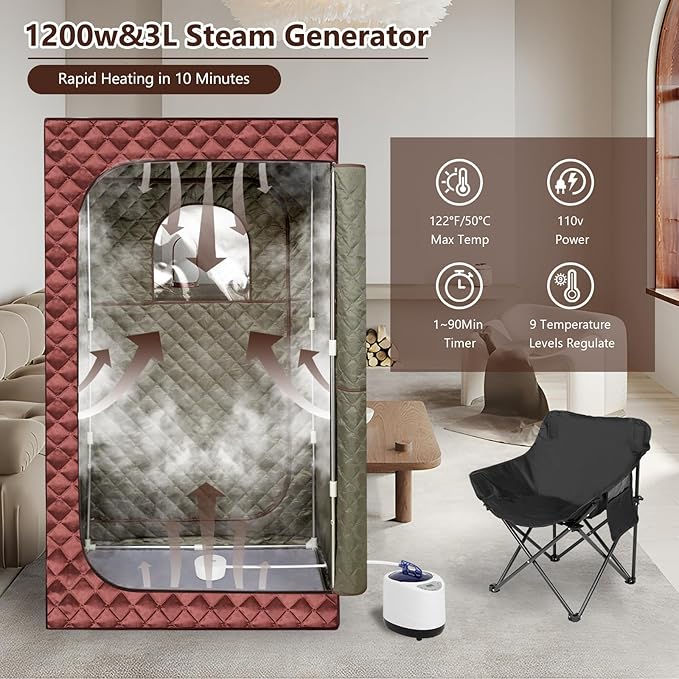 Portable Steam Sauna for Home Spa, Full Size Personal Sauna for Relaxation at Home, Sauna Tent Sauna Box with 3L Steamer, Remote Control, Large Size Folding Chair (Brown)