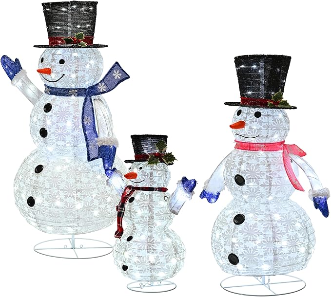 3 Piece Pre-lit Christmas Snowman Family, 270 LED 3D 2ft+3ft+5ft Lighted Snowman for Outdoor Indoor Xmas Decorations