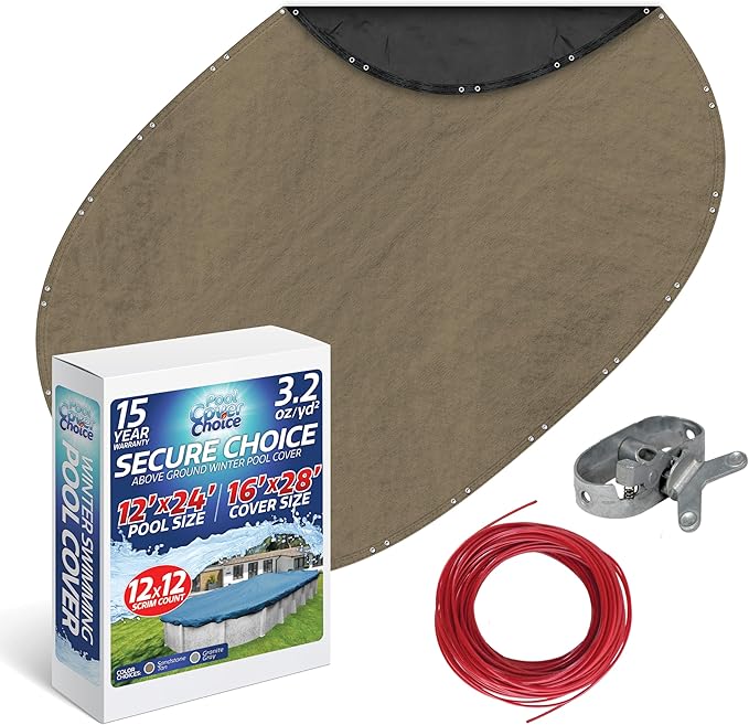 Winter Swimming Pool Cover for 12 ft x 24 ft Aboveground Oval Pool Size, Secure Choice Series, Solid Material, Color - Sandstone Tan, Pool Cover Choice 571224-4CHOICE