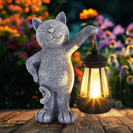 Solar Cat Garden Statues with Solar Lantern, Outdoor Cat Garden Figurines Decorations for Yard Patio Lawn Balcony, Unique Birthday Gifts for Mom Women.