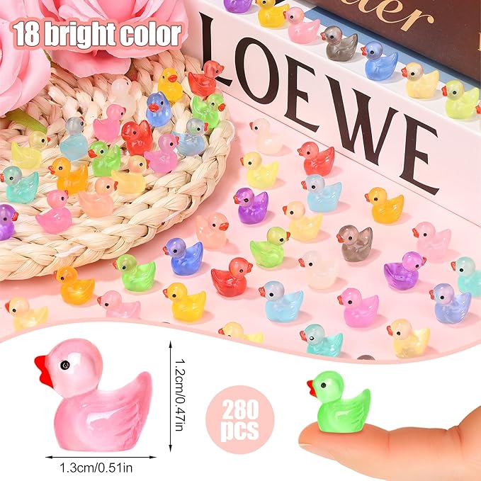 280 pcs Luminous Mini Resin Ducks, Glow in The Dark Tiny Ducks Figures to Hide, Bulk Plastic Duck Miniature for Dollhouse Micro Landscape Aquarium Potted Cake Decor DIY Craft Gifts Party Favors