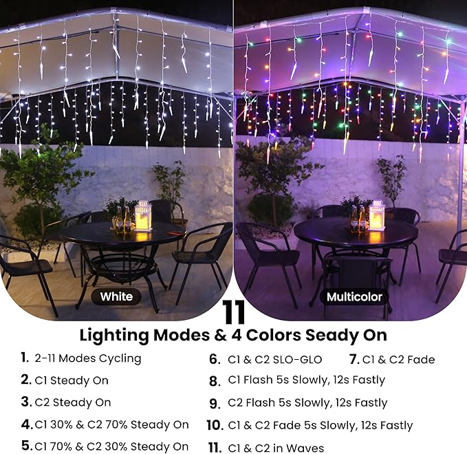 Icicle Christmas Lights Outdoor, 29.5Ft 360 LED Icicle Lights Outdoor with 60 Drops, 11 Modes Color Changing Fairy Twinkle Light with Remote for Eaves Home Garden Xmas Decoration (White & Multicolor)