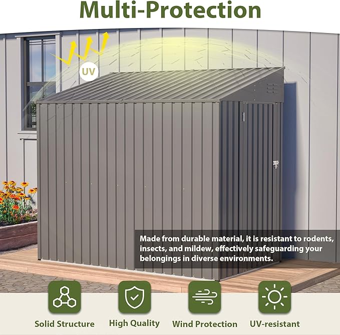 4×8 FT Outdoor Metal Storage Shed,Heavy-Duty Lean to Storage Shed with Lockable Door and Reinforced Beams,All Weather Waterproof Storage House W/2 Air Vents,for Backyard,Patio,Lawn,Dark Gray