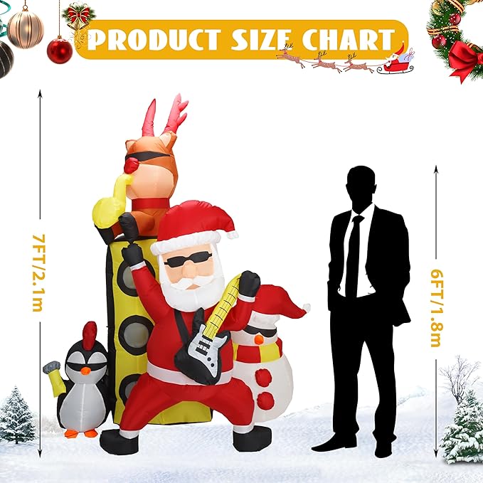 Bonus Bluetooth Speaker! 7FT H Christmas Inflatable Santa with Friends Reindeer& Penguin&Snowman Holding Concert, Animated Christmas Inflatable with Build-in LED Lights fo Christmas Decor
