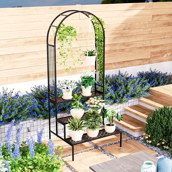 Garden 4 you 3 Tier Metal Plant Stand Garden Arch Arbor Trellis for Outdoor Display Shelf Flower Pot Holder Storage Organizer Rack for Indoor Home,Patio Balcony Yard(Black, Arch)…
