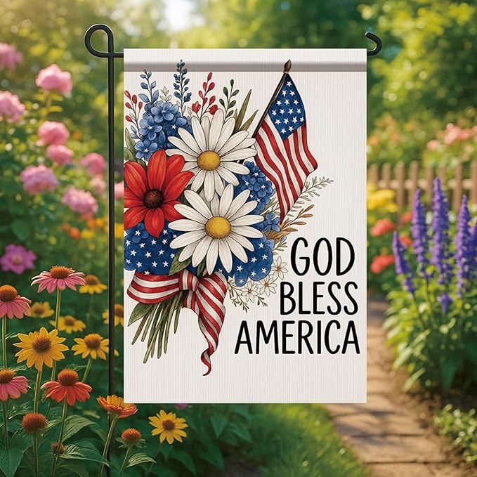 God Bless America Garden Flag 12x18 Inch Double Sided 4th of July Patriotic Flag Daisy Flower Yard Banner Outdoor Decoration for Memorial Independence Day Seasonal Holiday Home Decor