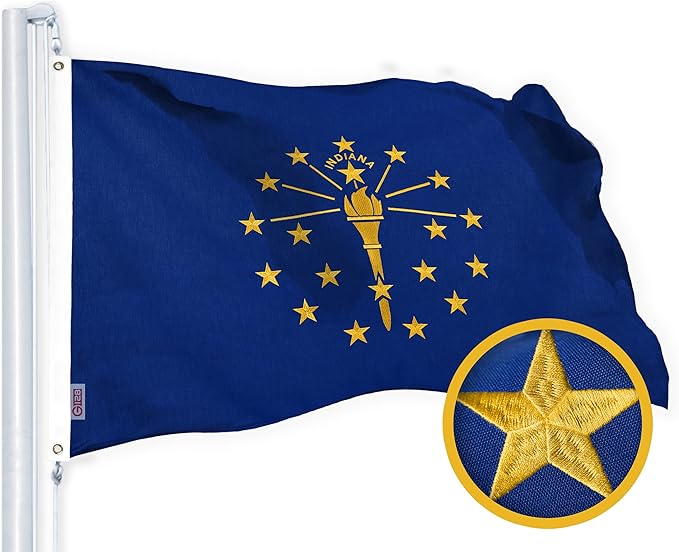 G128 Indiana State Flag | 1x1.5 Ft | StormFlyer Series Embroidered 220GSM Spun Polyester | Embroidered Design, Indoor/Outdoor, Brass Grommets, Heavy Duty, All Weather